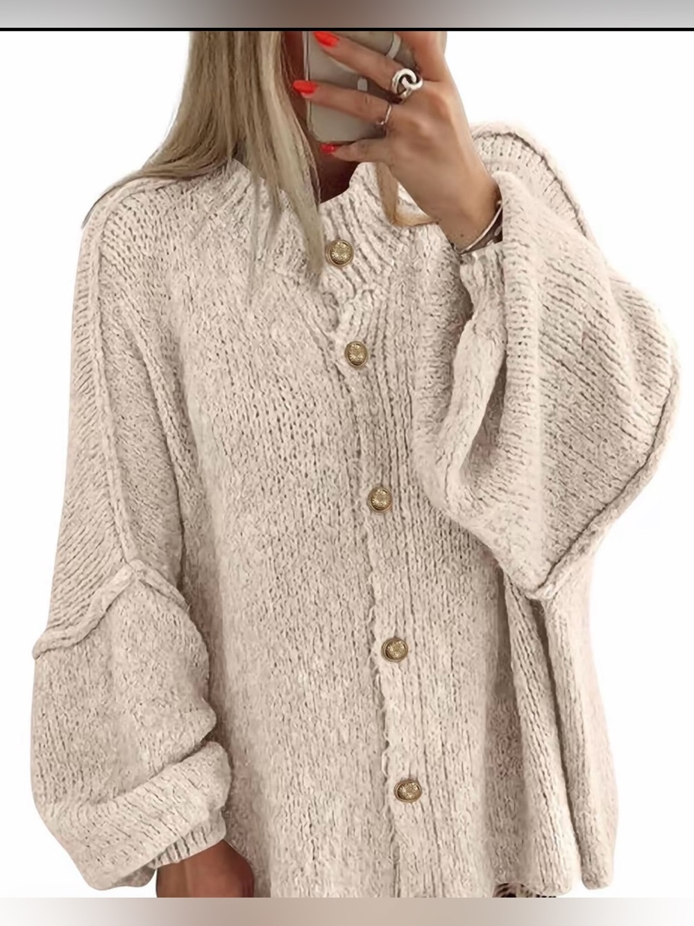 Cream Knit Button-Front Women's Sweater Oversized Fit